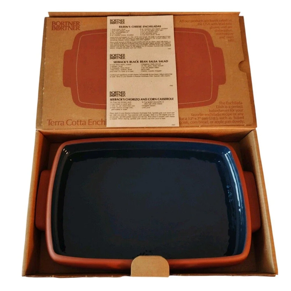 Bortner & Bortner Terra Cotta Enchilada Pan Dish Blue Glaze 12